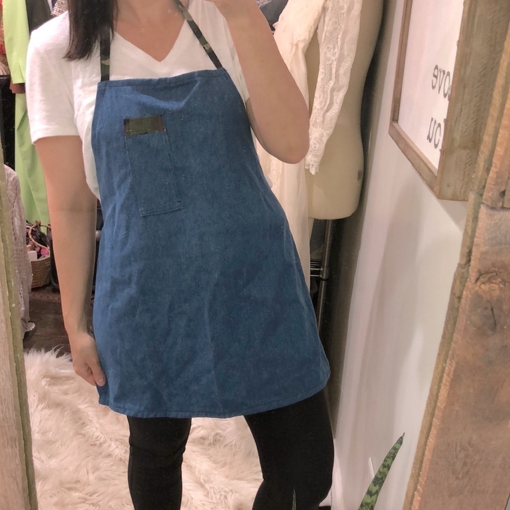 Small denim apron with camouflage trim handmade